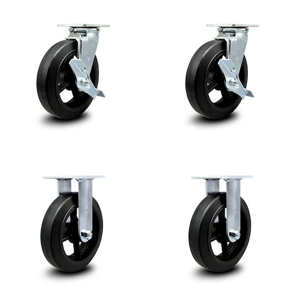Service Caster 8 Inch Rubber on Steel Caster Set with Ball Bearings 2 Brakes 2 Rigid SCC SCC-30CS820-RSB-TLB-2-R820-2 - main